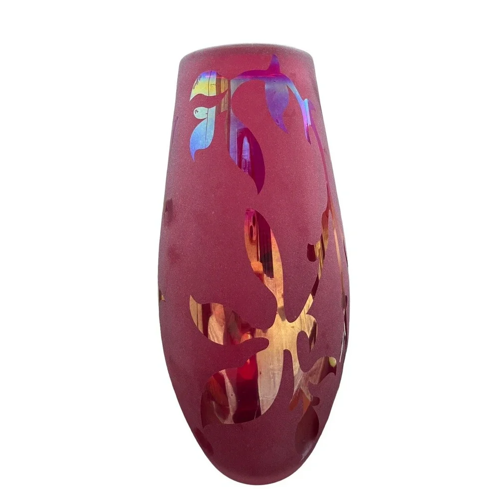 Etched Satin Art Glass‎ Vase, 10  tall, Red Satin -floral Gloss Etchings